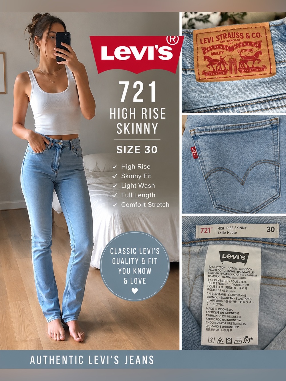 Levi's 721 High Rise Skinny Jeans - Light Blue Wash